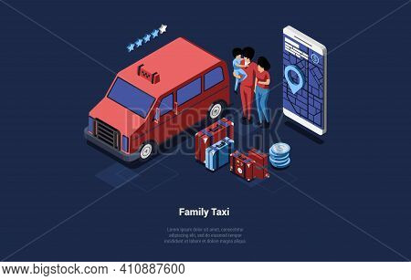 Vector Illustration Of Family Taxi Concept. Isometric Composition In Cartoon 3d Style. Dark Backgrou