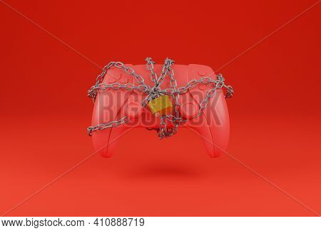 Red Game Pad With A Tangled Chain And A Padlock Closing It On A Red Background. Gamer Concept. 3d Re