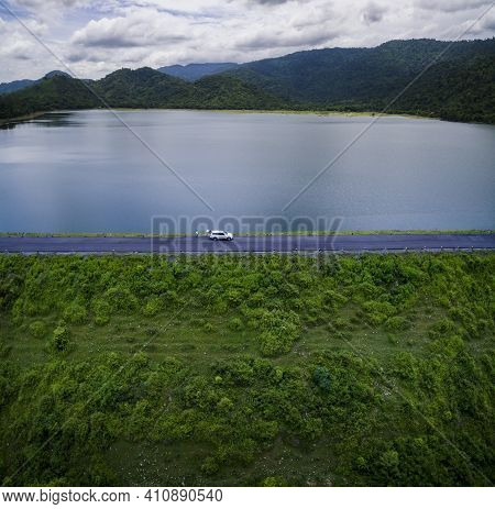 High Angle View Of Lake And Dam In Thailand