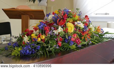 Closeup Shot Of A Funeral Casket Or Coffin In A Hearse Or Chapel Or Burial At Cemetery