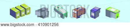Set Of Ink Catridge Cartoon Icon Design Template With Various Models. Modern Vector Illustration Iso
