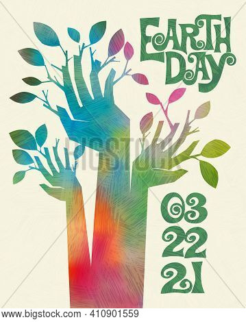 Earth Day retro design of raised hands sprouting branches and leaves. For posters, banners, social media, decor. For Earth Day, April 22, 2021. Vector illustration.