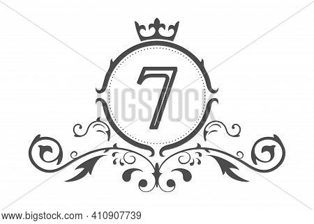 Stylized Number 7. Ornament And Crown Monogram Template For Business Cards, Logos, Emblems And Heral