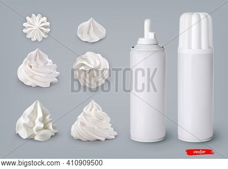 Set Of Whipped Cream Swirls And Whipped Cream Cans On Gray Background. 3d Realistic Vector Illustrat