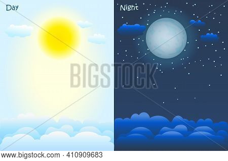 Day And Night Time Concept. Sky Background With Sun, Clouds, Moon And Stars. Poster Or Banners For W
