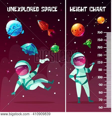 Vector Height Chart In Space Style With Astronauts Playing Darts, Holding Flag, Cosmic Objects - Une