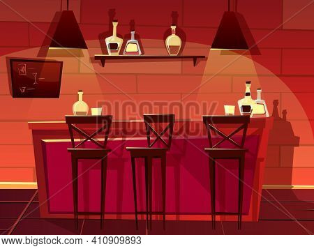 Bar Or Pub Counter Vector Illustration. Cartoon Flat Front Interior Design Of Beer Bar With Chair Se