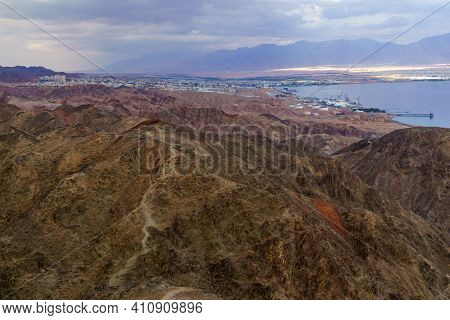 View Of Mount Tzfahot, Eilat And The Gulf Of Aqaba. Eilat Mountains, Southern Israel