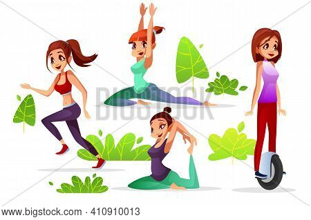 Woman Leisure Vector Illustration Of Young Girl In Park Jogging Or Yoga And Sport Exercise Riding On