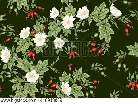 Rose Hips With Flowers And Berries Seamless Pattern. Graphic Drawing, Engraving Style. Vector Illust