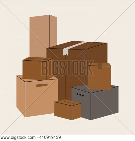 Set Of Isolated Cardboard Boxes For Moving. Moving Concept. Brown Boxes Of Various Sizes. Vector Sto