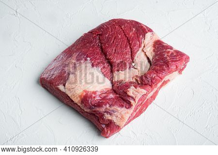 Point Brisket, Raw Beef Brisket Meat Set, On White Stone  Background,  With Copy Space For Text