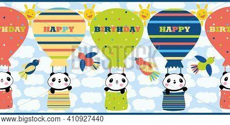 Vector Border With Birthday Wishes And Cute Kawaii Panda In Hot Air Balloons.fun Banner With Celebra