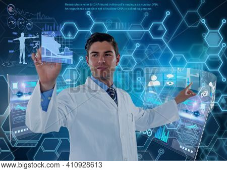 Male doctor touching screen with scientific data processing and human body. global medicine science and technology concept digitally generated image.