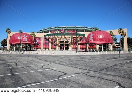 Anaheim, California - USA - March 1, 2021: 
Angel Stadium of Anaheim, originally known as Anaheim Stadium and later Edison International Field of Anaheim, is a modern-style ballpark. Editorial Use. 