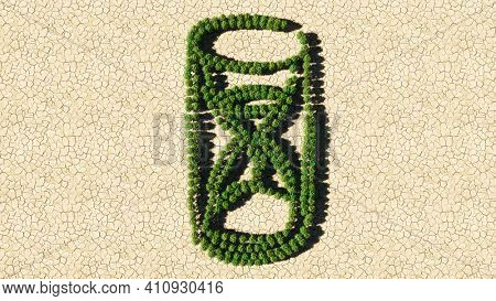 Concept or conceptual group of green forest tree on dry ground background, sign of a hourglass. A 3d illustration metaphor for time passing, countdown, deadline, transient and nature cycles