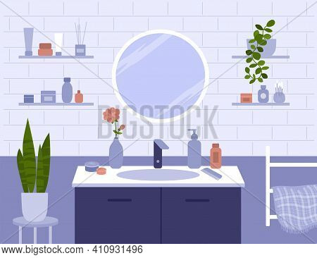Bathroom Vector Illustration. Round Mirror, Shelves With Beauty Care Cosmetics, Plants, Towel. Scene