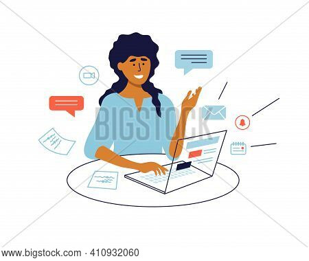 Work Multitasking Concept. Woman Working By Laptop, Talking Making Video Call. Female Chatting Onlin
