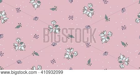 Flower And Butterfly Doodle Meadow Seamless Vector Pattern. Spring Season Surface Print Design For F