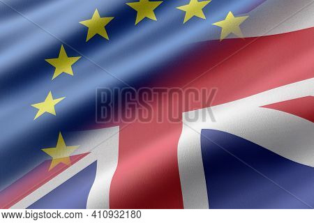3d Rendering Of A Eec And United Kingdom Flags. Concept Of Brexit And Separation Between Europe And 