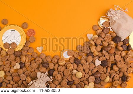 St. Nicholas Day Background. Card. Dutch Holiday Sinterklaas Flat Lay With Gifts, Pepernoten, Tradit