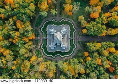 Aerial View Of The Catherine Park With A Large Pond In Tsarskoe Selo. Pushkin. Catherine Palace. Her