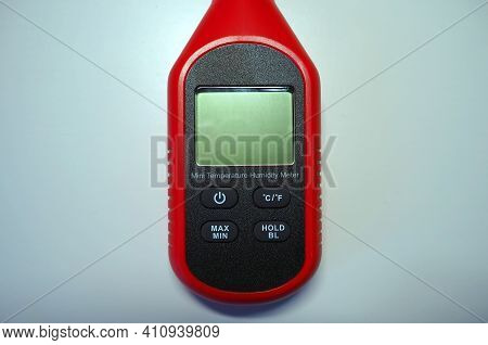 Hygrometer For Measuring Air Humidity, Close-up And Details. A Device For Measuring Humidity And Tem