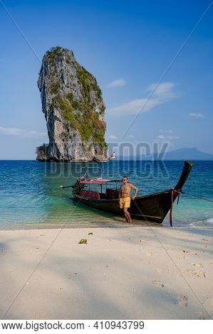 Koh Poda Island Thailand, Couple Mid Age Asian Woman And European Man On The Beach, Koh Poda Thailan