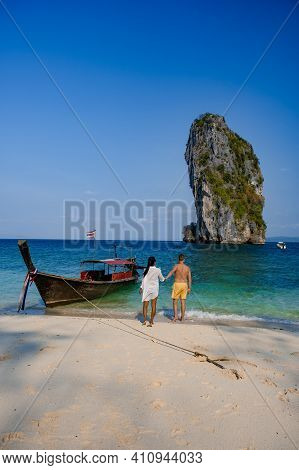 Koh Poda Island Thailand, Couple Mid Age Asian Woman And European Man On The Beach, Koh Poda Thailan