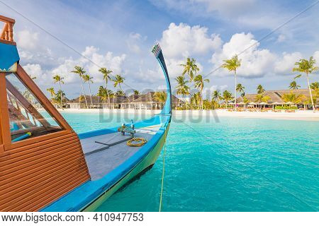 Inspirational Maldives Beach Design. Maldives Traditional Boat Dhoni And Perfect Blue Sea With Lagoo