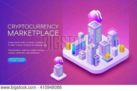 Cryptocurrency Marketplace Vector Illustration Of Bitcoin Mining Farm In Smart City Vector For Block