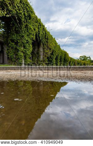 Long Path With A Lot Of Ivy On Pillars On Side Reflected In Small Puddle At Cloudy Day