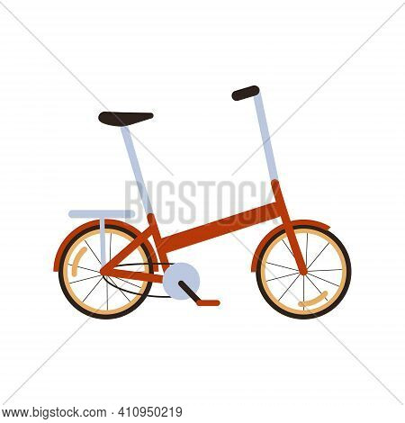 Red Modern Folding City Bike. Ecological Transport Side View. Commuting By Compact Portable Electric