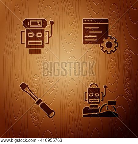 Set Robot Humanoid Driving A Car, Low Battery Charge, Screwdriver And Computer Api Interface On Wood