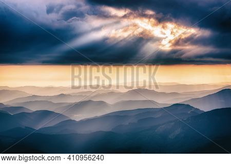 Carpathian Mountains Summer Sunset Landscape With Abstract Gradient Of Mountain Peaks And Dramatic S