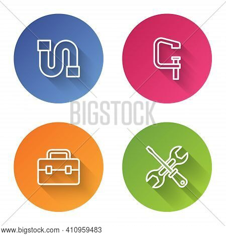 Set Line Industry Pipe, Clamp And Screw Tool, Toolbox And Screwdriver Wrench. Color Circle Button. V