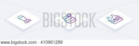 Set Isometric Line Aviation Bomb, Hand Grenade And Bulletproof Vest. White Square Button. Vector