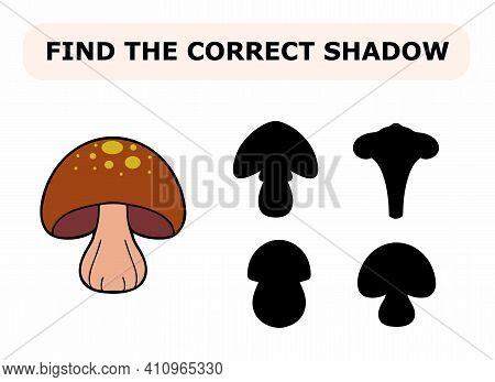 Vector Illustration Of Shadow Matching Game For Children. Vector Isolated Cartoon Muchroom On The Wh
