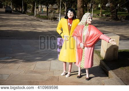 Santiago De Compostela, Spain; March 3, 2021: Statue Of Las Dos Marias At Alameda Park, Santiago De 