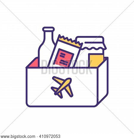 Transporting Food By Plane Rgb Color Icon. Solid, Liquid And Gel Items. Bringing Snacks On Airplane.