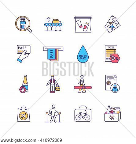 Airport Security Regulations Rgb Color Icons Set. Airline Ticket. Special Baggage. 100 Ml Liquid Cap