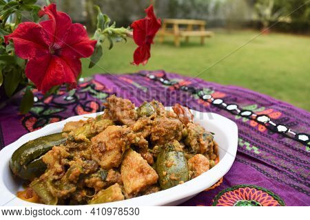 Food Authenthic Indiand Village Style Gujarati Dish Surti Undhiyu. Mixed Vegetable Item Coked With S