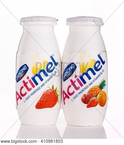 Lviv, Ukraine - June 16, 2020: Actimel Yogurt In A Jar On A White Background