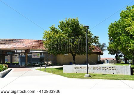 IRVINE, CALIFORNIA - 16 APRIL 2020: Entrance at University High School, the first high school in Irvine, is a top rated public school in Orange County. 