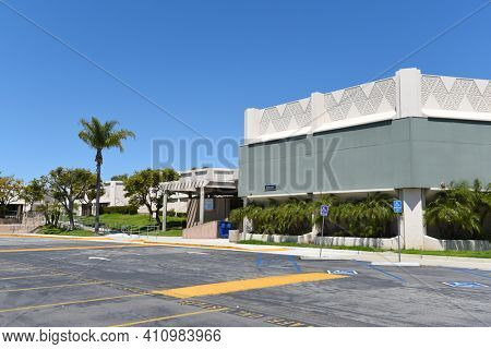 IRVINE, CALIFORNIA - 16 APRIL 2020: Theater Building at Irvine High School a top rated public school in Orange County, California.