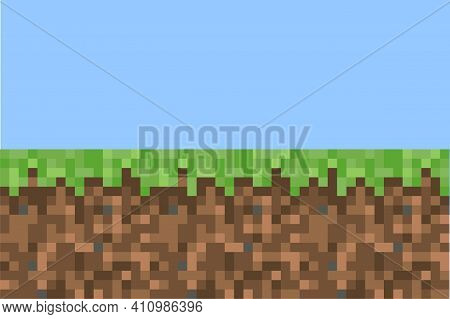 Pixel Minecraft Style Land Background. Concept Of Game Ground Pixelated Horizontal Seamless Backgrou