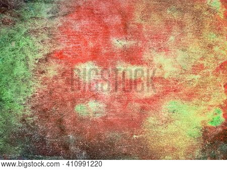 Abstract Textural Background With Red, Green And Yellow Paint Spots, Strokes
