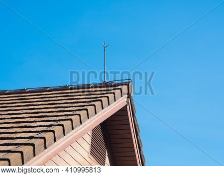 Lightning Rod For Lightning Protection Is Installed On The Roof Of The House.