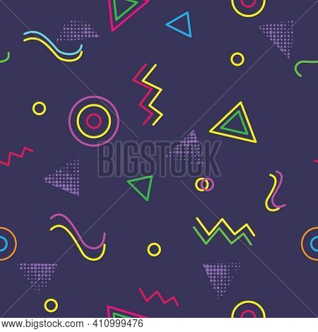 Colorful Memphis Seamless Repeating Pattern With Purple Background. Vector Illustration