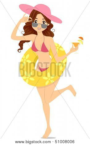 Illustration of a Girl With a Lifebuoy on Her Waist Getting Enjoying a Beach Party